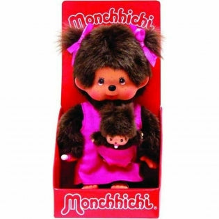 Doudou Peluche Bandai Monchichi Mamá y Bebé Rosa Marrón 20 cm